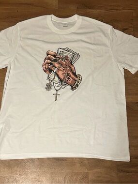 Men's White Graphic Crewneck Tee with Money & Cross Artwork